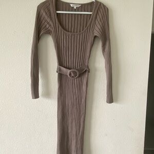 Ribbed Long Sleeve Scoop Neck Midi Dress with Belt - Taupe
